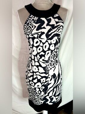 Vintage Y2K Cache Black, White Abstract Sequin Silk Blend Dress, Size 12